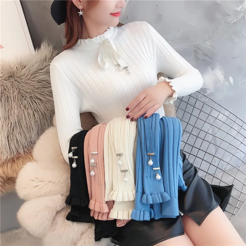 

2021 Female New Bowknot Ruffled Sweater Women's Pullover Autumn Winter Turtleneck Vintage Slim Elasticity Knitted Sweater