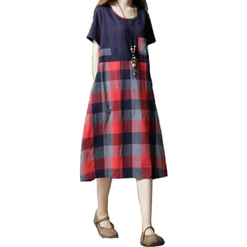 

Literature and art loose large women's cotton linen Plaid medium long splicing Short Sleeve Dress