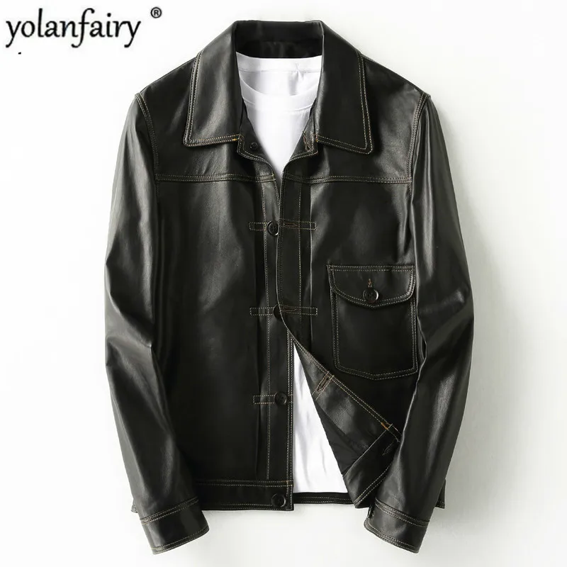 

Genuine Leather Jacket Men Short 100% Sheepskin Coat Men's Leather Jacket Motorcycle Spring Veste Cuir Homme KFS19M013-M KJ2162