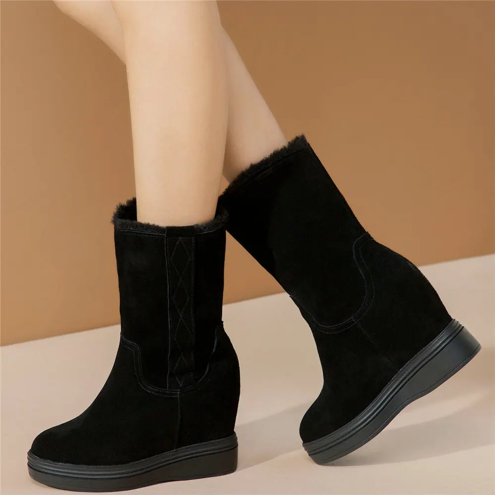 High Top Creepers Women Genuine Leather Wedges High Heel Snow Boots Female Slip On Winter Warm Platform Pumps Shoes Casual Shoes