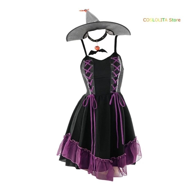 

Women Sweet Little Witch Sling Nightdress Girls Student Cute Ribbon Lace Pumpkin Witch Halloween Mini Sleepwear Set Cosplay