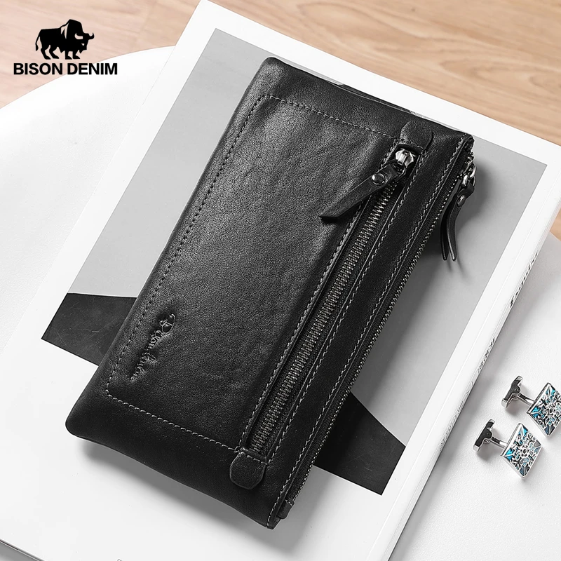 Мужской Длинный кошелек из воловьей кожи BISON DENIM натуральной на молнии с