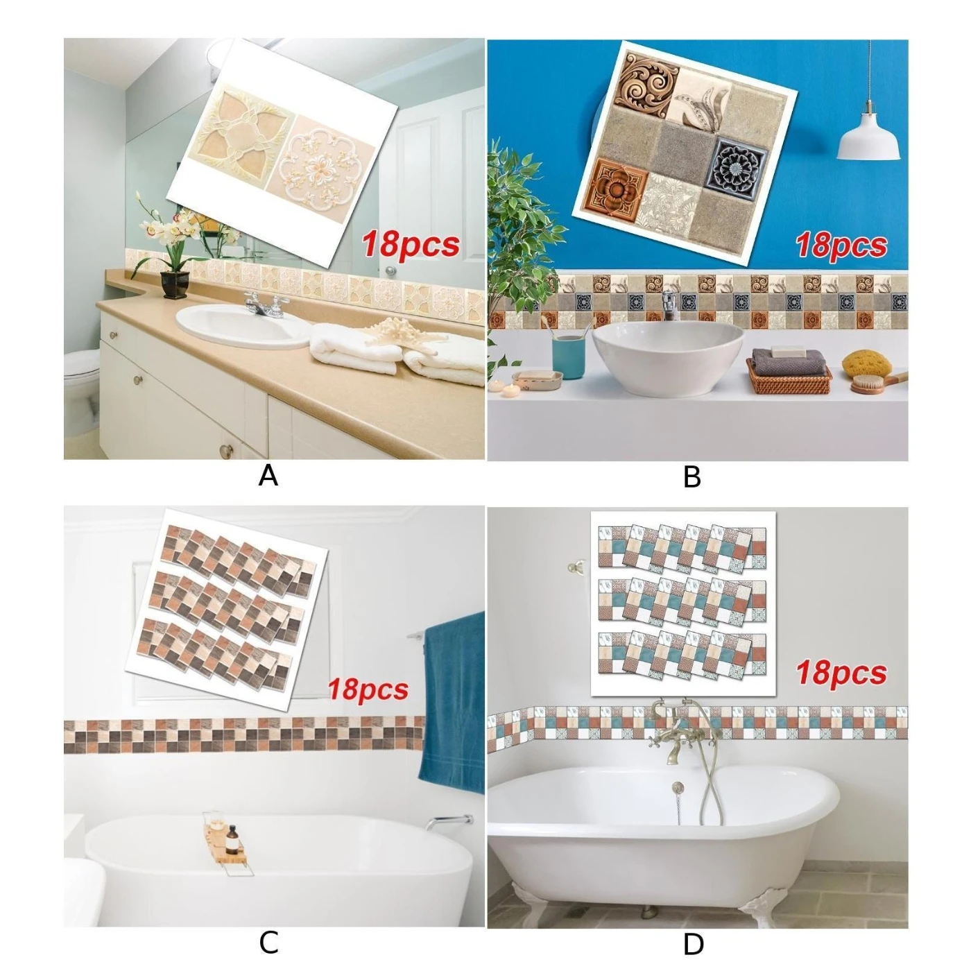 Mosaic Tile Wall Sticker Decals Bathroom Kitchen Home Decoration 10*10cm 18pcs |