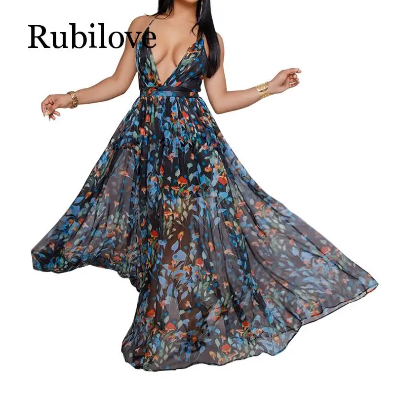 Rubilove, женские платья, летние, сексуальные, макси, бохо стиль, с принтом, вечерние, глубокий v-образный вырез, открытая спина, длинное платье, Vestidos