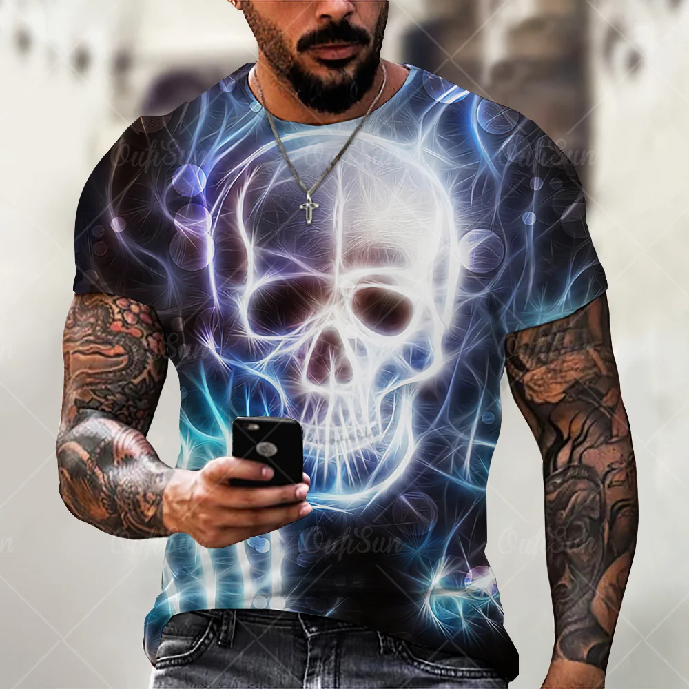 

Summer New Skull Printed T Shirt For Men Casual Oversized Short Sleeve Clothes Streetwear Hip Hop 3D Printing Top Tees