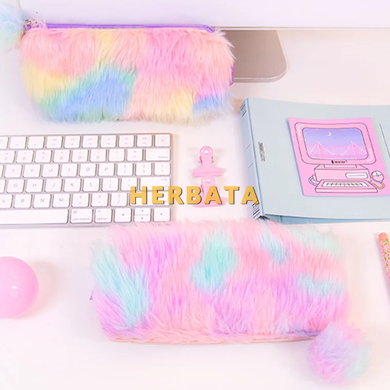 Сумочка для ручек и карандашей с радужным помпоном девочек милый плюшевый