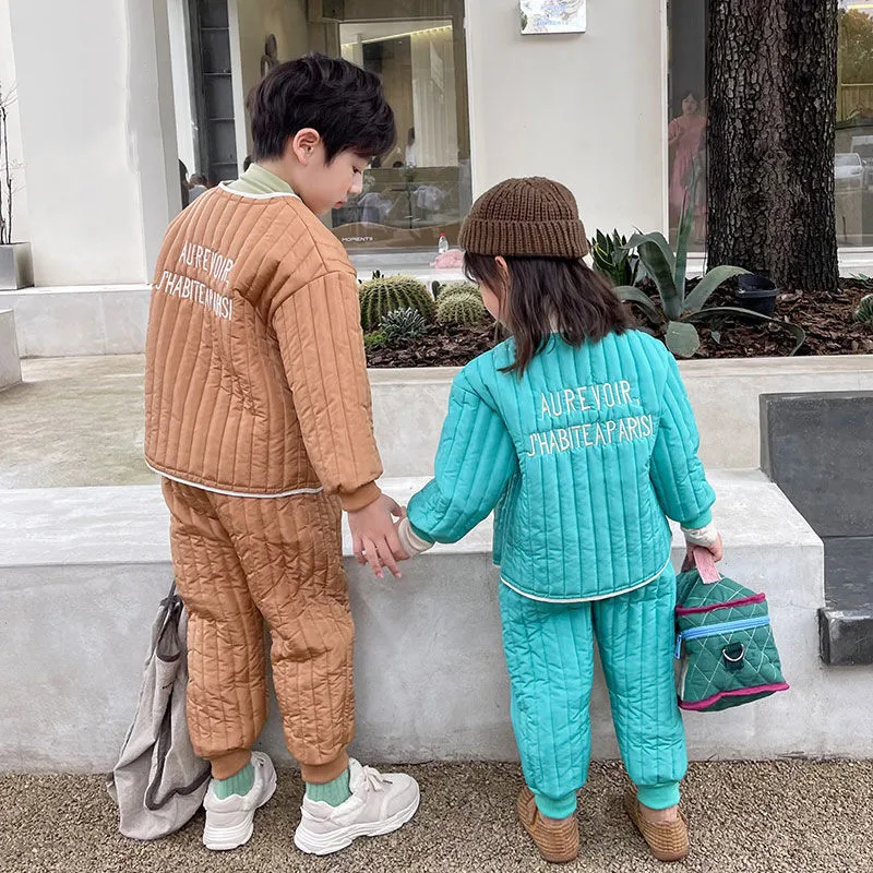 

Модная легкая детская пуховая куртка, комплект одежды, теплый Хлопковый жакет для мальчиков и девочек, хлопковые брюки из двух предметов