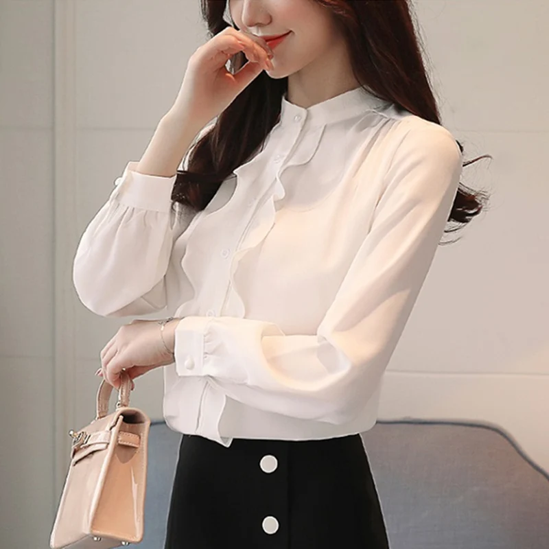 Корейские модные шифоновые женские блузки с длинными рукавами и оборками белые