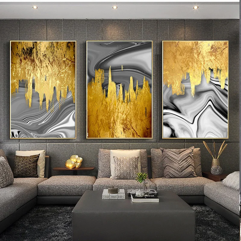 

Nordic Modern Gold Foil Grey Liquid Canvas Painting Poster Print for Living Room Decorative Wall Art Picture Bedroom Home Decor