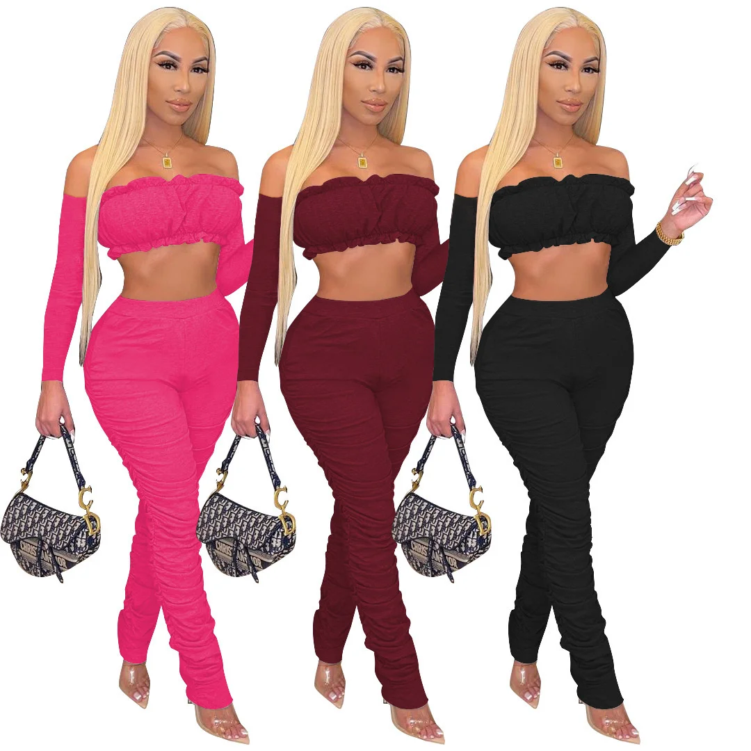 

Cutubly 2 Two Piece Outfits Casual Sexy Ruffles Strapless Tops And Stacked Pants Set Female Autumn Winter Pant Sets For Women