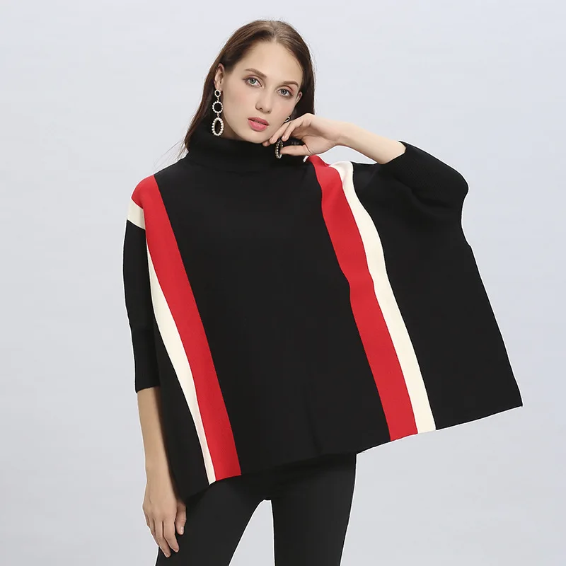 

2021 Autumn Winter Women Sweaters Poncho Knitting Capes Cloak Sweater V-Neck Irregular Hem Tassels Coat Striped Knitted Pullover