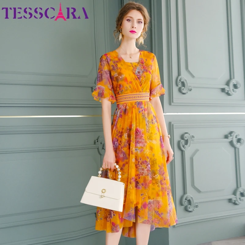 Женское летнее элегантное Сетчатое платье TESSCARA высококачественное вечернее с V