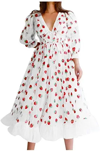 

French Fashion Strawberry Sequin Long Skirt Women V-neck Mesh Pleated Dress Sexy Sweety Dress England Style Dress Ladies Dress