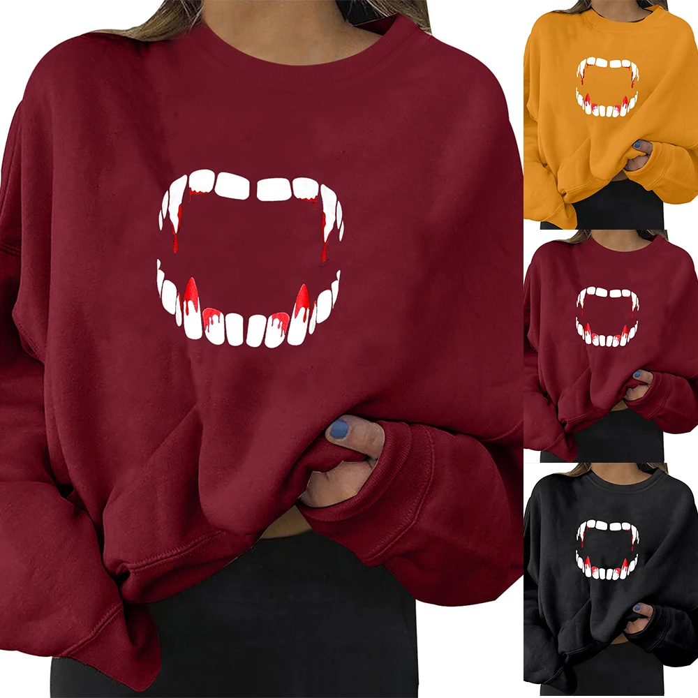 

Womens Halloween Print Crew Neck Long Sleeve T-Shirt Casual Warm Comfy Pullover Blouse Sweatshirt Halloween Oversized Crewneck