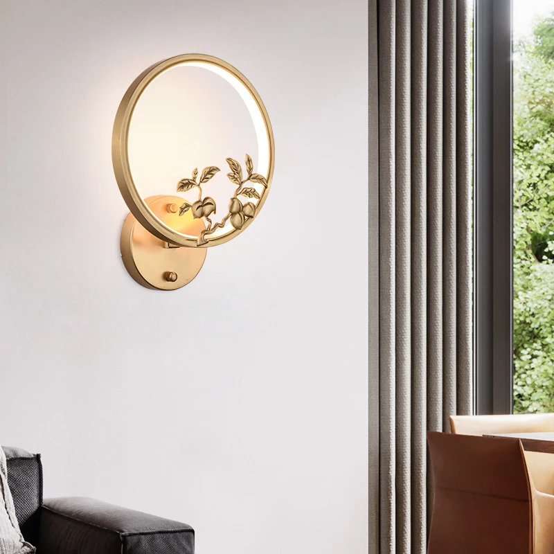 

New Chinese wall lamp bedroom bedside lamp full copper round Zen Chinese style living room aisle led modern Chinese lamp