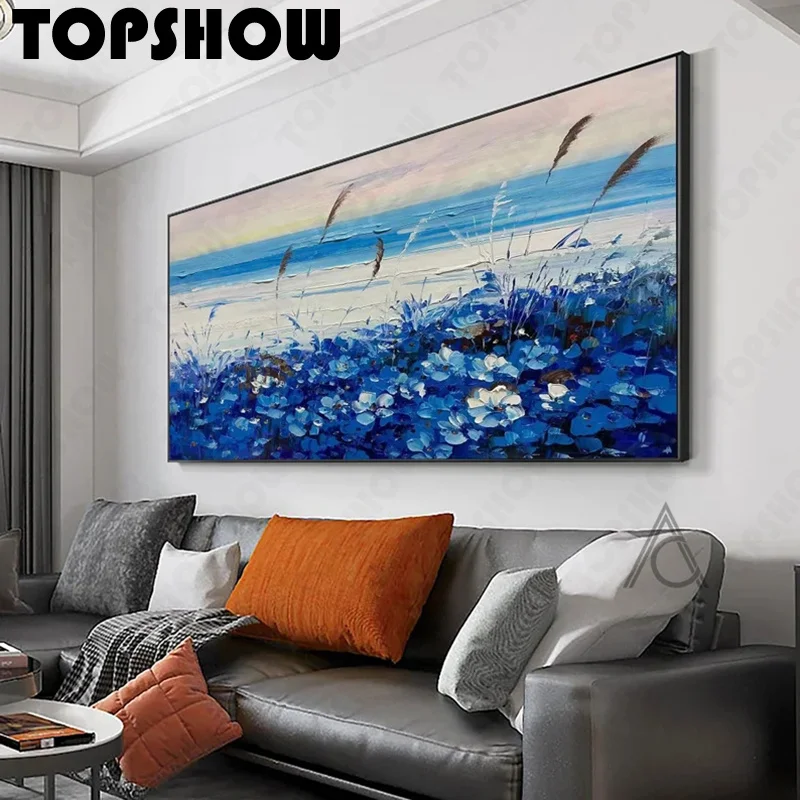 Большая оригинальная Абстрактная живопись с голубым небом и цветами Ручная