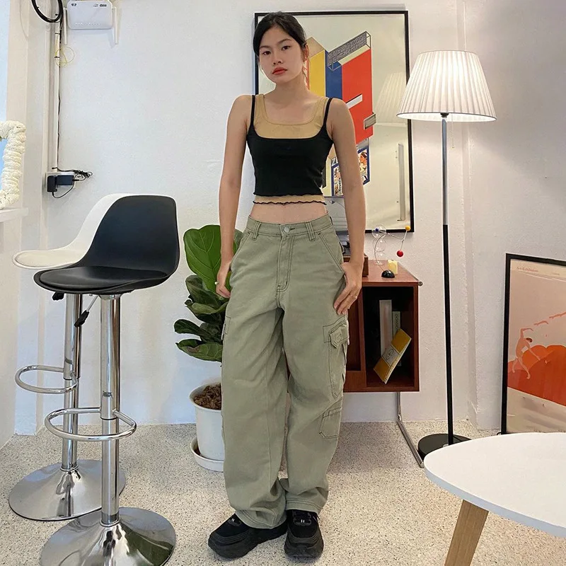 Vintage Low Rise Jeans Cargo Pants Women Denim Trousers Y2K Pocket 90s Aesthetics Loose Korean Fashion Egirl Wide Leg Streetwear