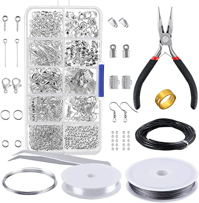 

Jewelry Making Kit-Findings Starter Kit Jewelry Beading Making and Repair Tools Kit Pliers Silver Beads Wire Starter Tool