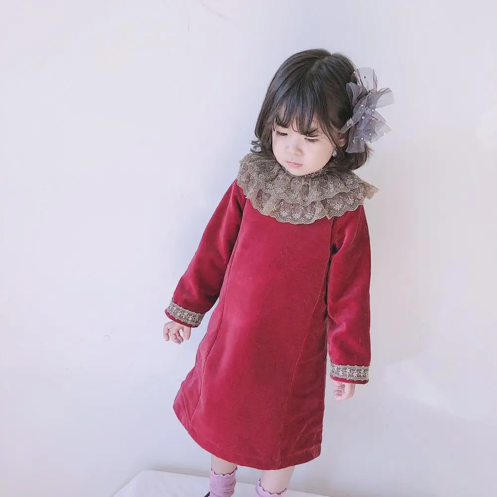 

baby dress princess party dress lace collar long sleeve red color baby girls dress
