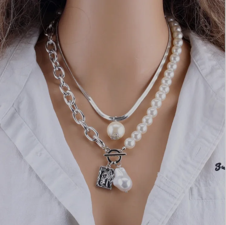 YLWHJJ Brand Fashion 2 Layers Pearls Geometric Pendants Necklaces For Women Gold Metal Snake Chain Necklace Design Jewelry | Украшения и