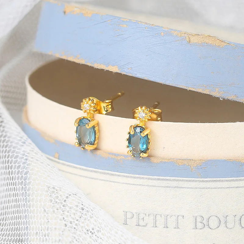 LAMOON Vingtate 925 Silver Stud Earrings For Women Natural London Blue Topaz Mini Earring 14K Gold Plated Fine Jewelry LMEI127 | Украшения
