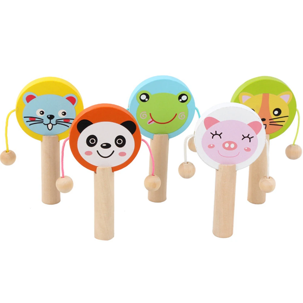 Cartoon Animal Wooden Handheld Musical Rattle Drum Shaker Education Baby Toy Intelligence Develop Toys