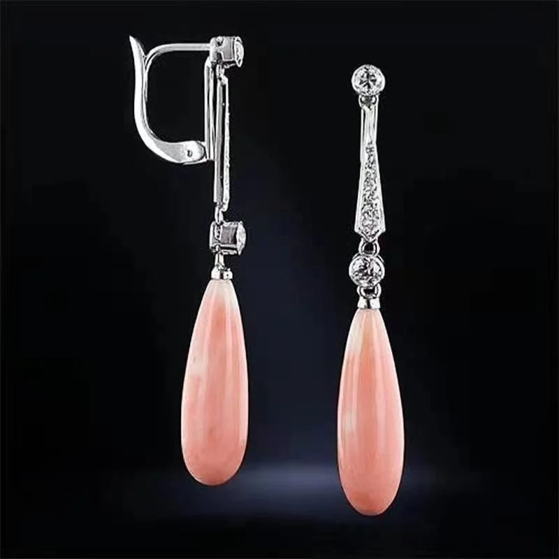 

Bohemian style natural pink coral stone pendant earrings bridal wedding engagement diamond earrings jewelry