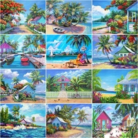 chenistory 60x75cm frame diy painting by numbers for adults seaside landscape canvas by numbers houses coconut palm art for home