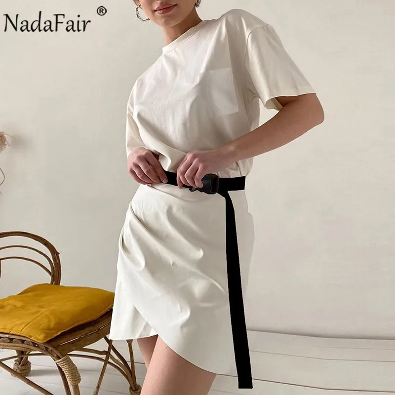 Летние повседневные однотонные короткие платья Nadafair с поясом круглым вырезом и