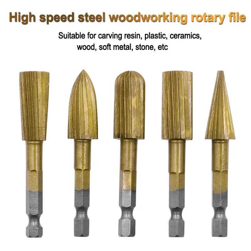 

5PC Hexagonal handle HSS Woodworking rotary file Suitable for carving Resin Plastic Ceramic Soft metal Wood Jade Animal bone etc