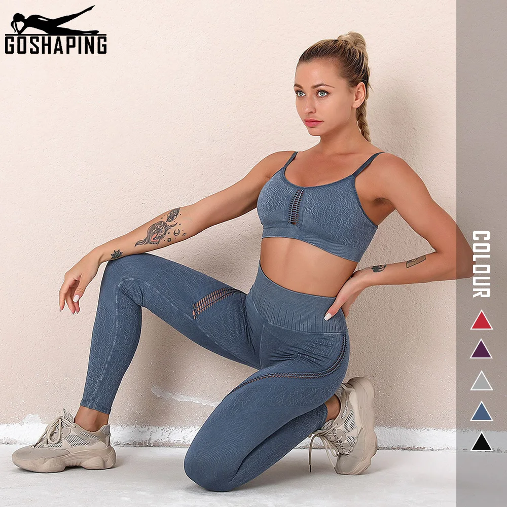 

Women Tracksuits Sports Set Washing Seamless Knitting Hip Raising Yoga Sets High Waist Hollow Out Sports Fitness Suit Round Neck