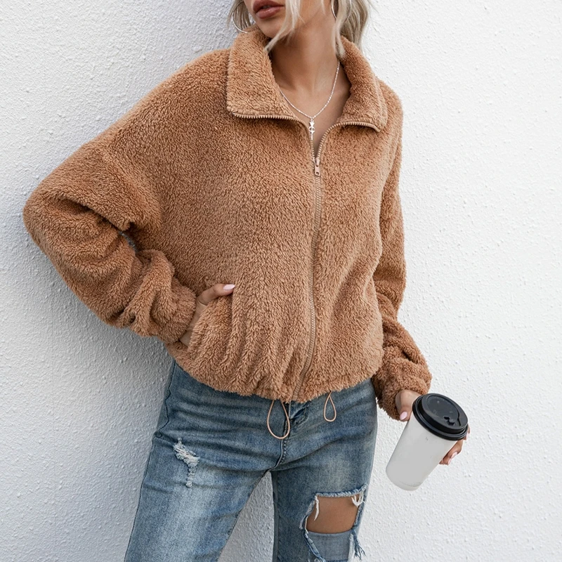 Women Winter Double Fuzzy Plush Jacket Lapel Full Zipper Up Thicken Warm Outwear Drawstring Hem Long Sleeve Loose Coat with Pock