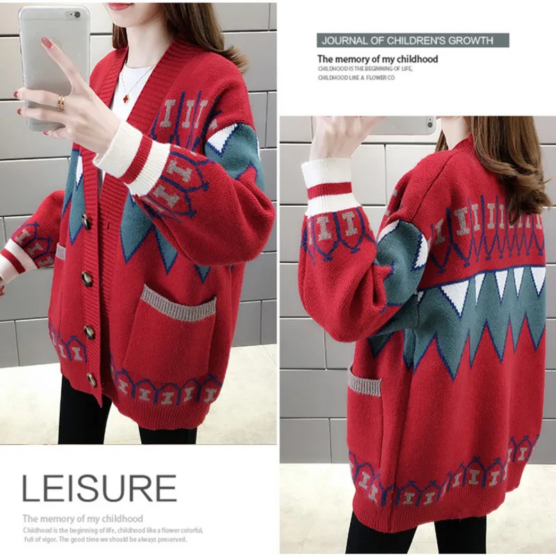 

PEONFLY Women's Sweaters Autumn 2020 Fashion Print Casual V Neck Single Breasted Cardigans Long Sleeve Loose Coat Plus Size 5XL