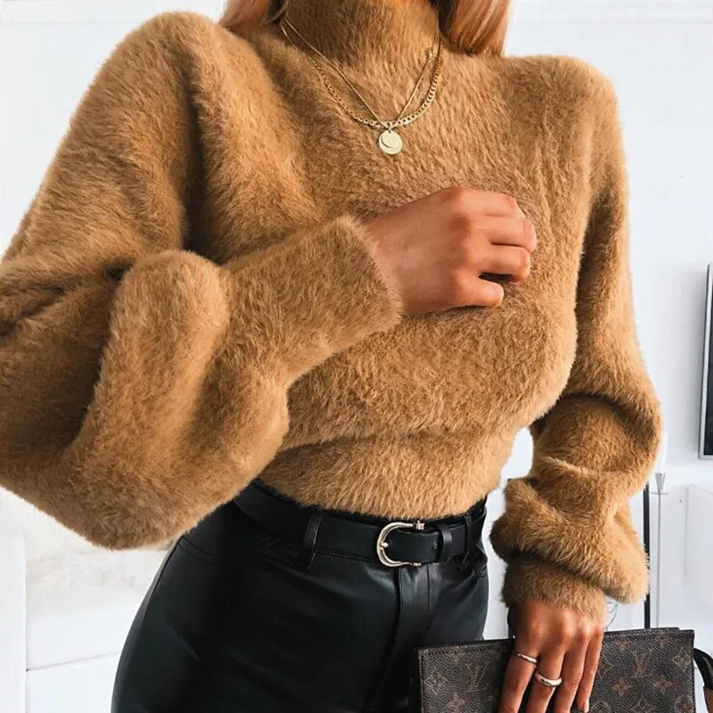 Осенняя водолазка вязаный мохеровый свитер пушистый женский укороченный