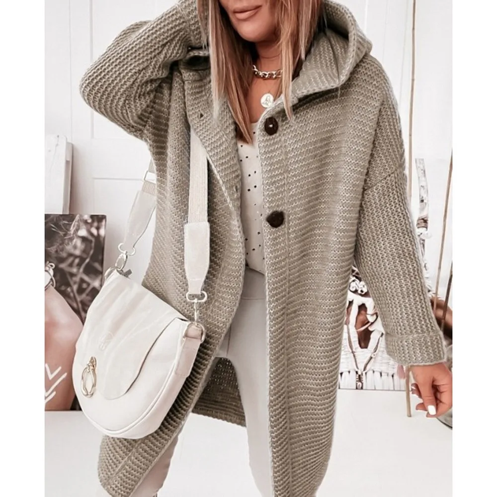 

SHUJIN Women Winter Knitted Hooded Cardigan Sweater Ladies Loose Warm Thicken Single Breasted Knitwear Coat Female Outerwear