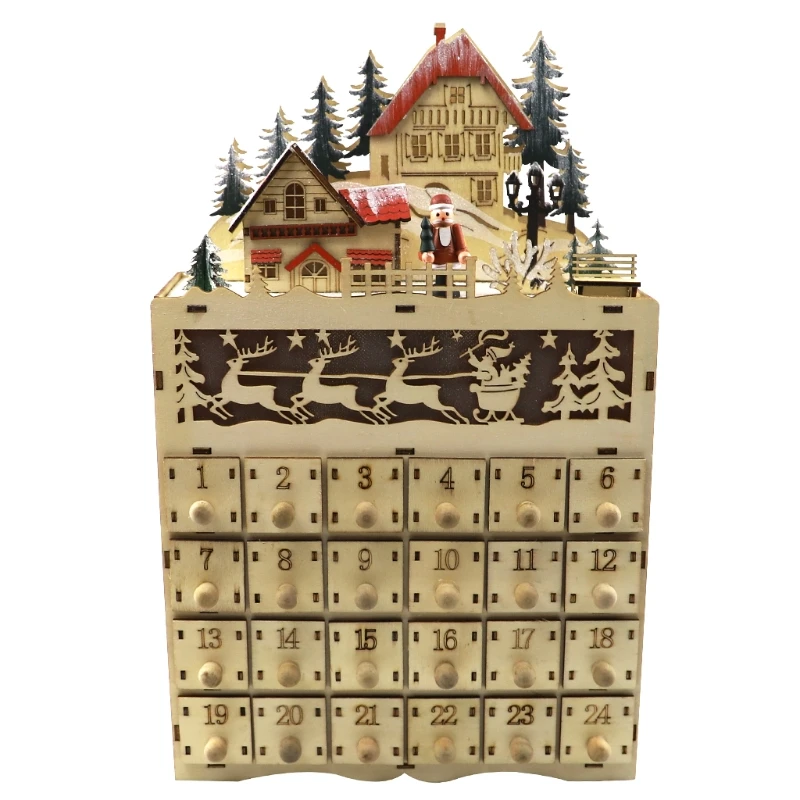

Christmas Wooden Advent Calendar LED Lighted Village House Countdown Drawer Box Y08A