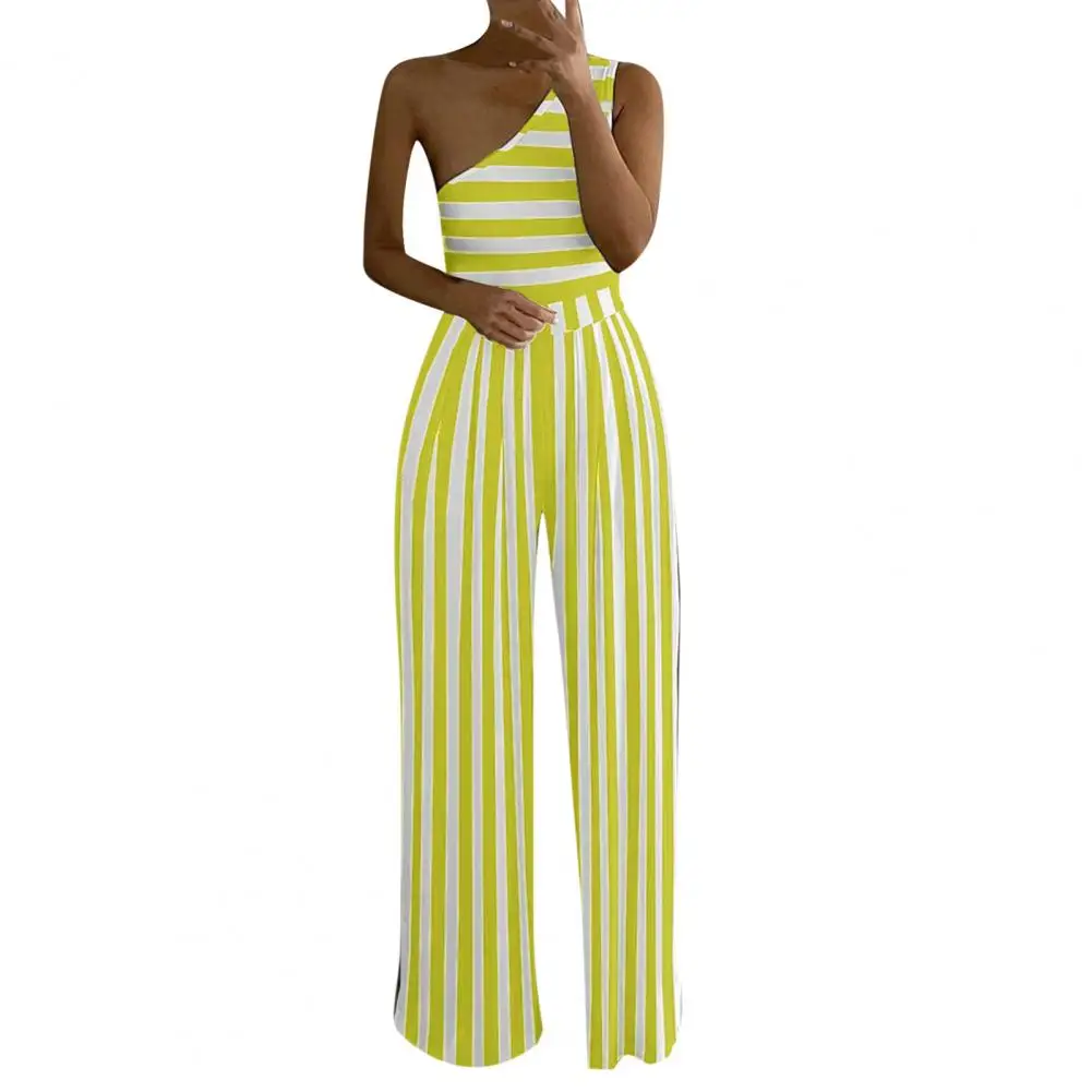 

Striped Sleeveless Rompers Jumpsuit Women Sexy Single Shoulder Wide leg Jumpsuits Playsuits for Women Overalls Combinaison femme