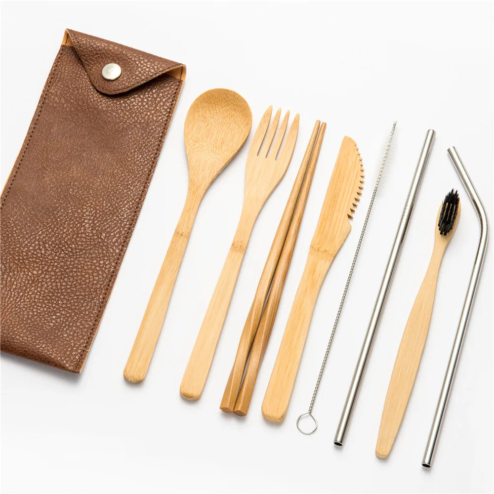 10pcs set007 Деревянные столовые приборы набор столовых приборов бамбуковая соломенная столовая посуда набор с тканевой сумкой ножи вилка ложка палочки для еды наборы для путешествий - Цвет: 10pcs set007