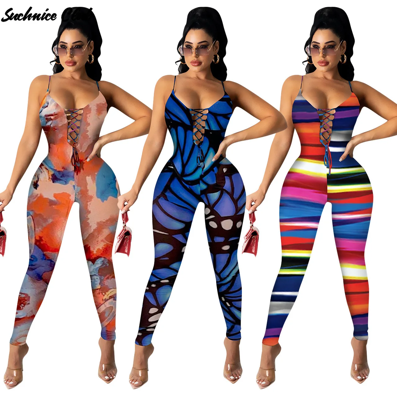 

Сексуальный комбинезон Цвет с ремешками и принтом Комбинезоны и боди на бретелях с v-образным вырезом Облегающий комбинезон Для женщин Одна...