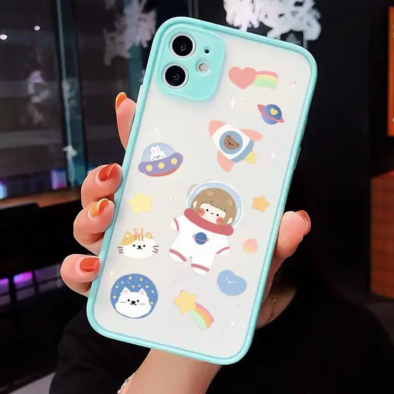 

Phone Case For iPhone 12 11 Mini Pro XR XS Max 7 8 Plus X Cute Cartoon Astronaut Planet Matte transparent blue Cover