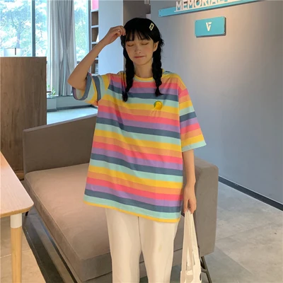 Casual Loose Lemon Avocado Embroidered Colorful Striped Summer Spring 2020 New Arrival Hot Sale Women Top T-shirts | Женская одежда