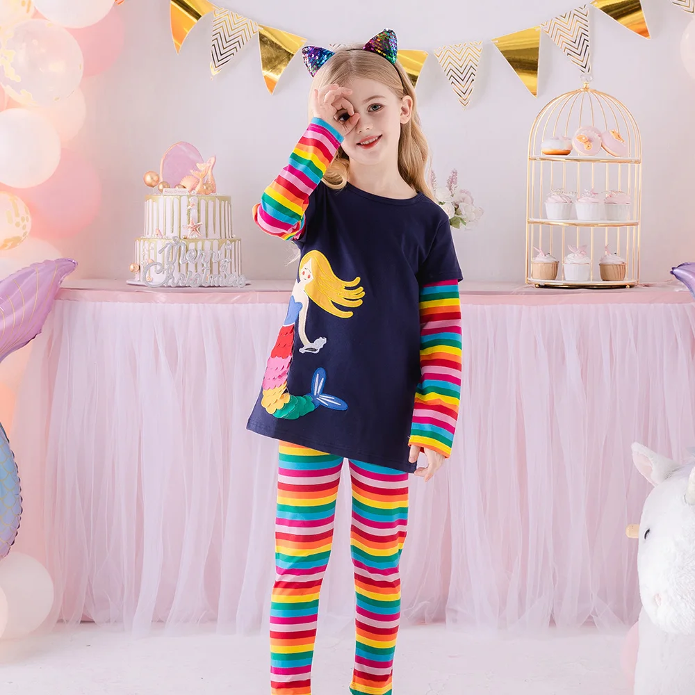VIKITA-ropa de dormir para ni&ntilde;os peque&ntilde;os, pijama infantil de manga larga de algod&oacute;n, conjunto de pijama de rayas con arco&iacute;ris-1