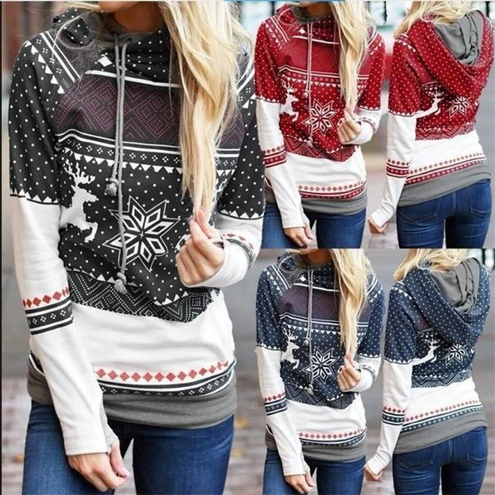 

ZOGAA Christmas Snowflake Long Sleeve Hooded Ladies Sweater