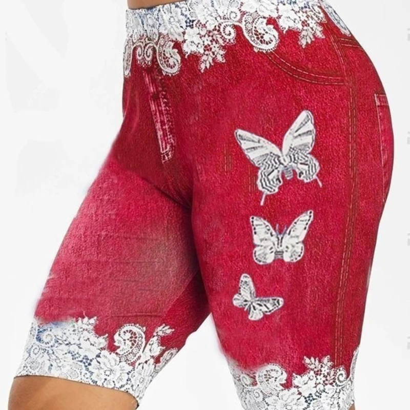 

Plus Size Women Pants Shorts Leggings Summer Fake Denim Ladies Short Pants Summer Floral Printed High Waist Female Shorts D30