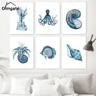 Винтажная Картина на холсте в виде осьминога, рыбы, кораллов, раковин, скандинавские постеры и принты, настенные картины для гостиной, домашний декор