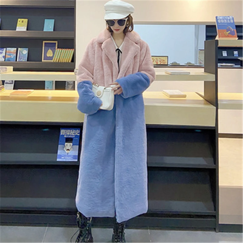 

2021 Winter New Mid-Length Suit Collar Long Sleeve Loose Imitation Mink Velvet Warmth Stitching Color Fur Coat Female Trendy