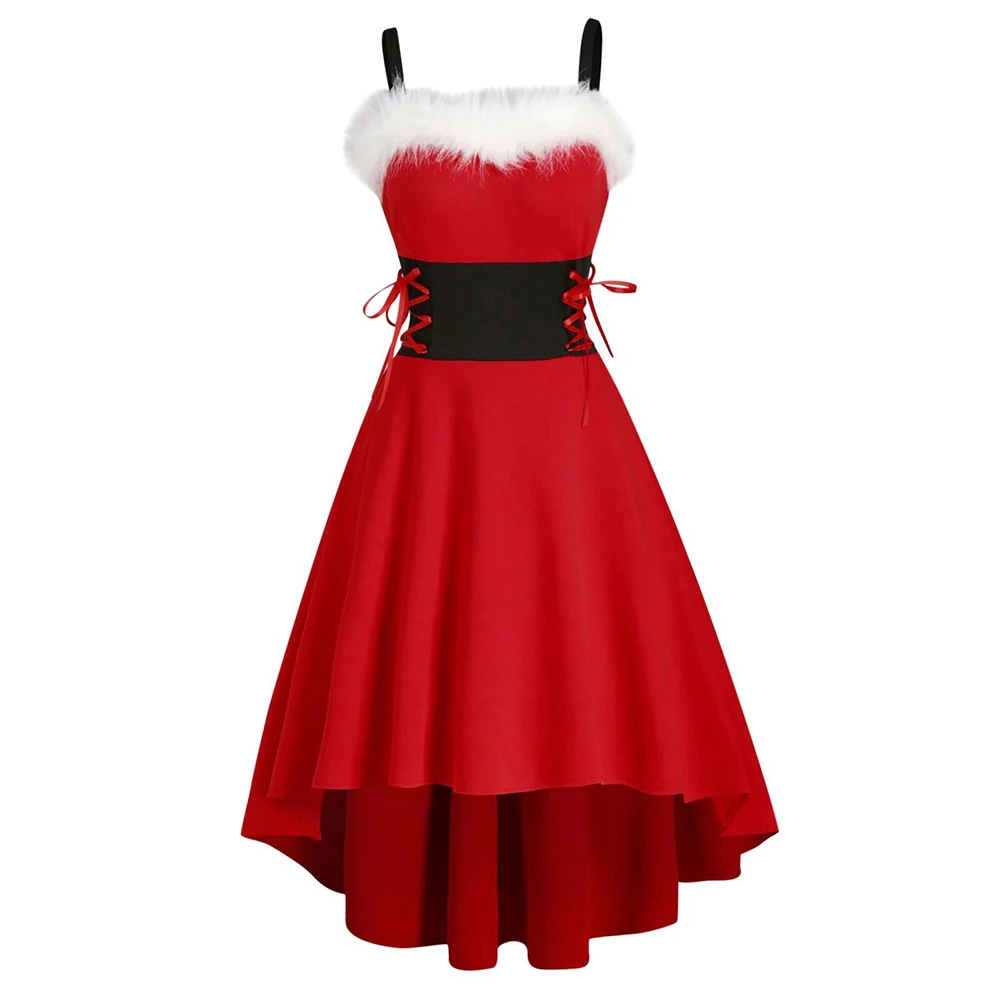

Women's Christmas Lace Up Sleeveless Strap Midi Dress Irregular Hem High And Low Party Red Dress Slim Fit Feather Gown Vestidos