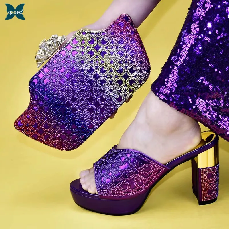 

High Quality 2020 Summer New Italian Design Elegant Purple Color Party Women Shoes and Bag Set In High Heels for Wedding