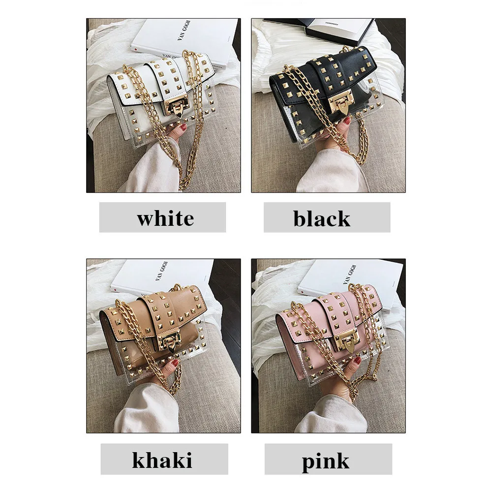 Small Clear Cosmetic Bags Female PU Make Up Bags Women Fashion Rivets Transparent Cosmetic Shoulder Bag Travel Organizer