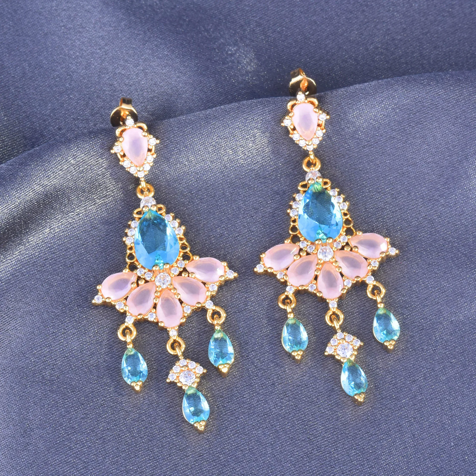 

Korea Water Drop Design Flowers Long Dangle Earring For Women Elegant Blue/Pink Cubic Zircon Luxury Women's Earrings Jewelry
